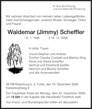 Traueranzeige von Waldemar Scheffler von HNA