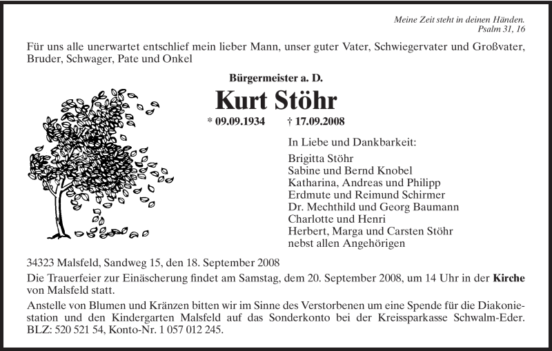  Traueranzeige für Kurt Stöhr vom 18.09.2008 aus HNA