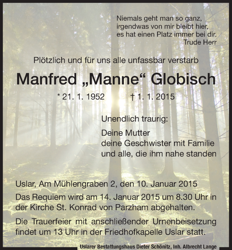  Traueranzeige für Manfred Globisch vom 10.01.2015 aus HNA