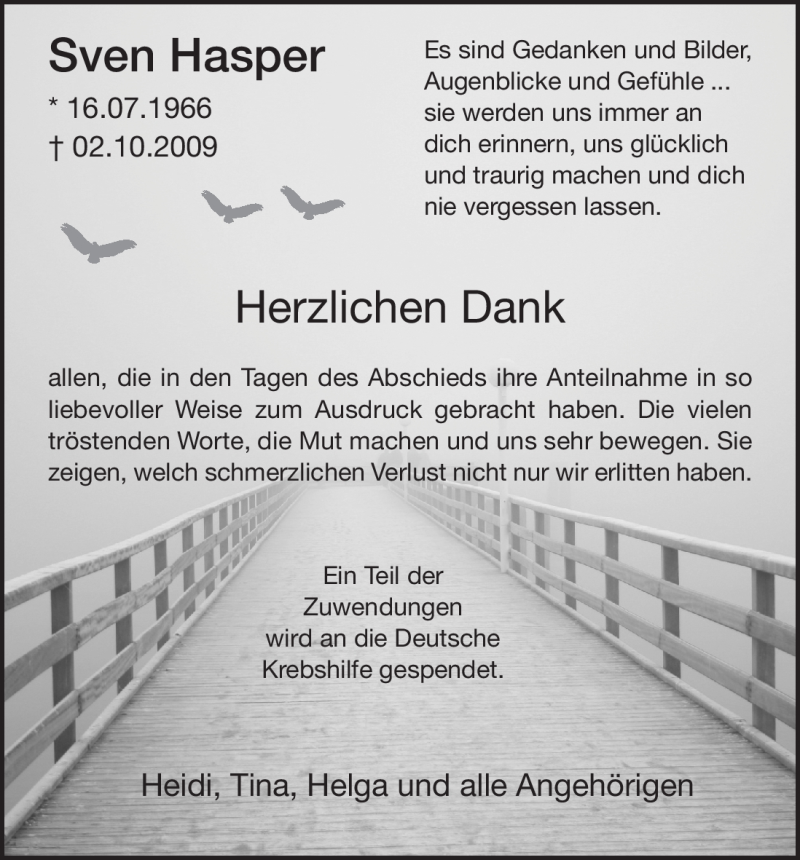  Traueranzeige für Sven Hasper vom 14.11.2009 aus HNA