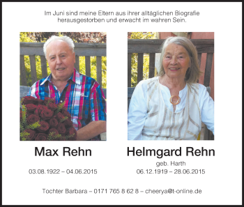 Traueranzeige von Max und Helmgard Rehn von HNA