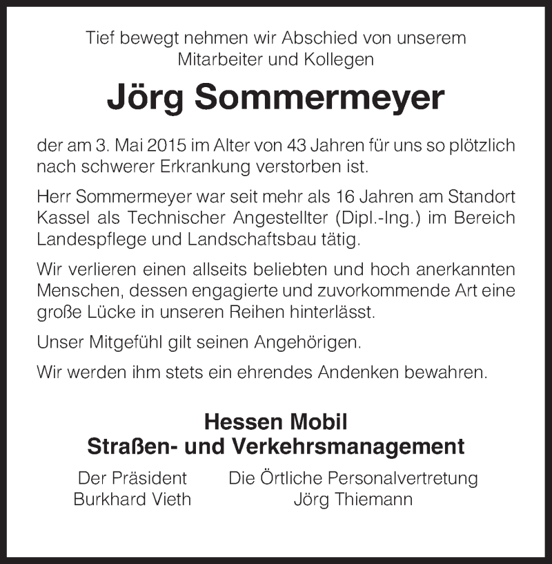  Traueranzeige für Jörg Sommermeyer vom 08.05.2015 aus HNA
