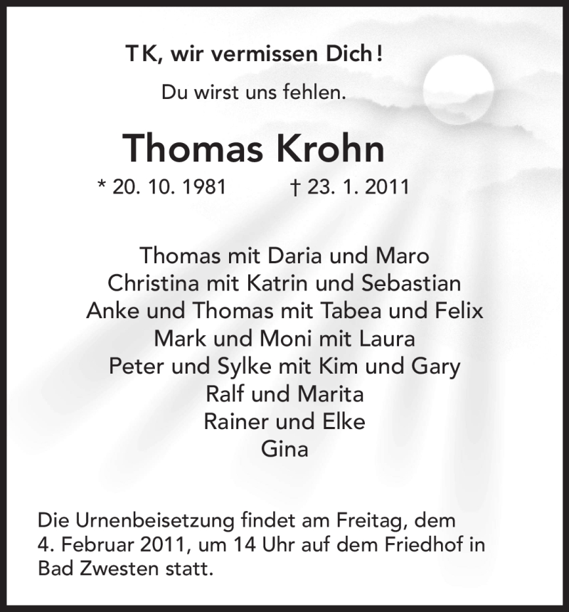  Traueranzeige für Thomas Krohn vom 03.02.2011 aus HNA