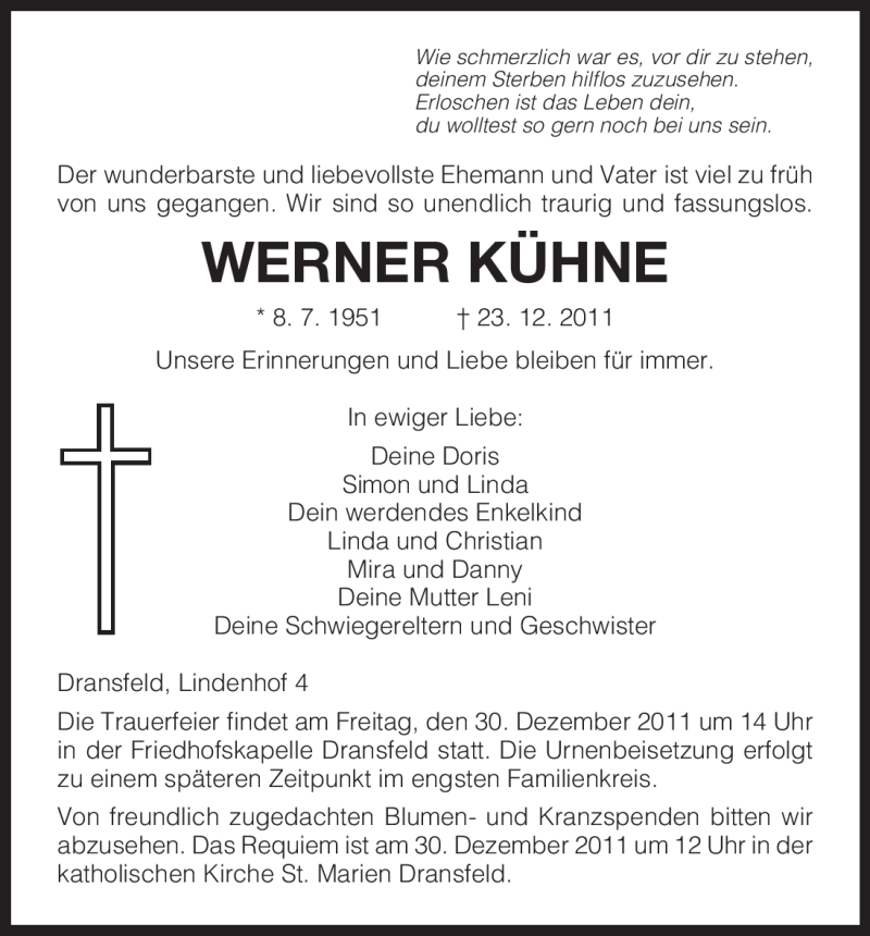  Traueranzeige für Werner Kühne vom 28.12.2011 aus HNA