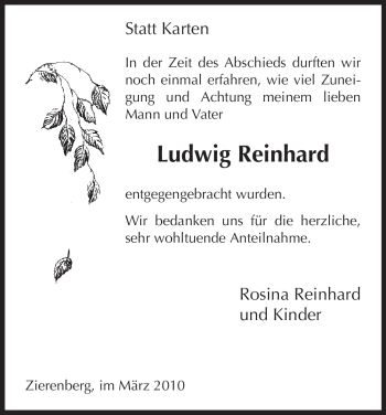 Traueranzeige von Ludwig Reinhard von HNA