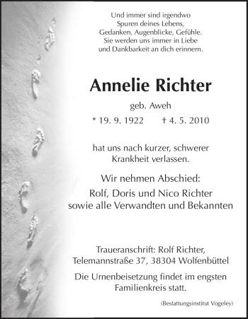 Traueranzeige von Annelie Richter von HNA