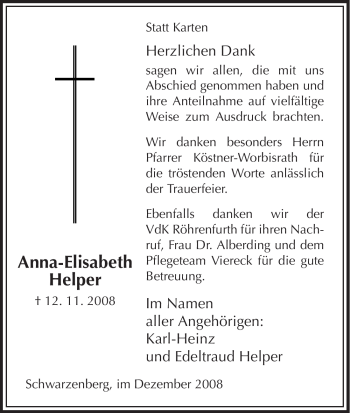 Traueranzeige von Anna-Elisabeth Helper von HNA