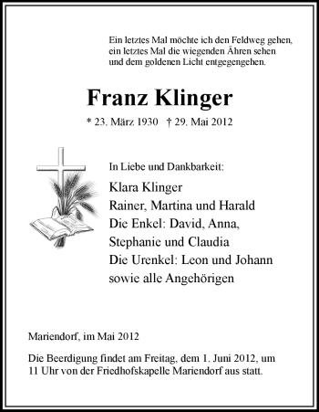 Traueranzeige von Franz Klinger von HNA