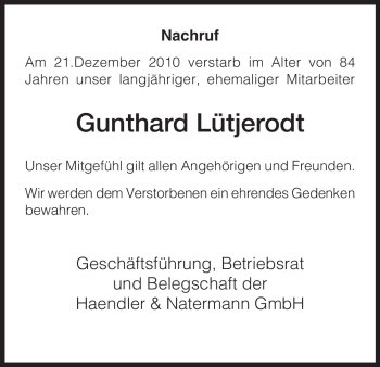 Traueranzeige von Gunthard Lütjerodt von HNA