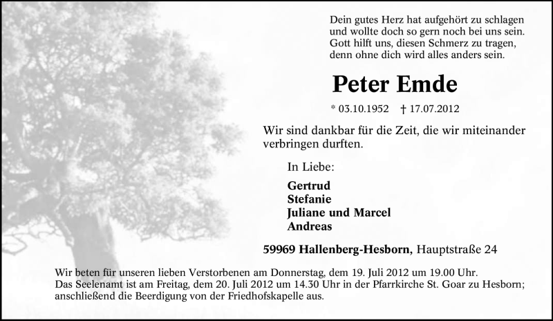  Traueranzeige für Peter Emde vom 19.07.2012 aus HNA
