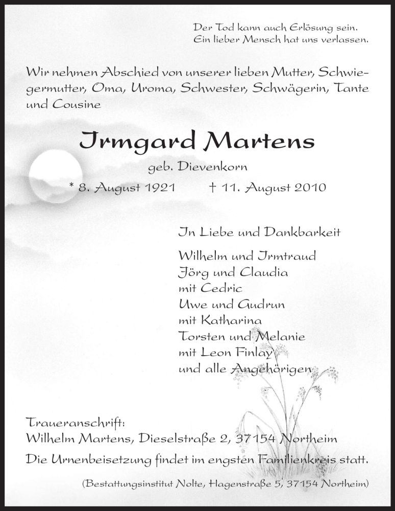  Traueranzeige für Irmgard Martens vom 13.08.2010 aus HNA