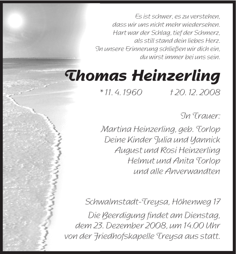  Traueranzeige für Thomas Heinzerling vom 22.12.2008 aus HNA