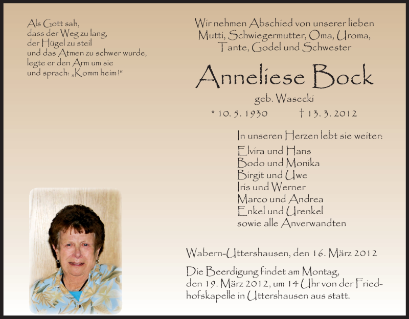  Traueranzeige für Anneliese Bock vom 16.03.2012 aus HNA