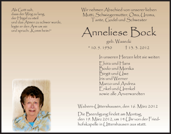 Traueranzeige von Anneliese Bock von HNA