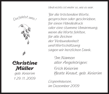 Traueranzeige von Christine Müller von HNA