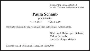 Traueranzeige von Paula Schaub von HNA