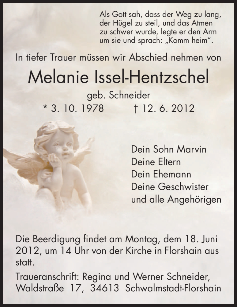  Traueranzeige für Melanie Issel-Hentzschel vom 16.06.2012 aus HNA