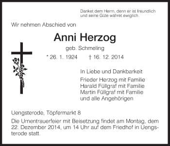 Traueranzeige von Anni Herzog von HNA