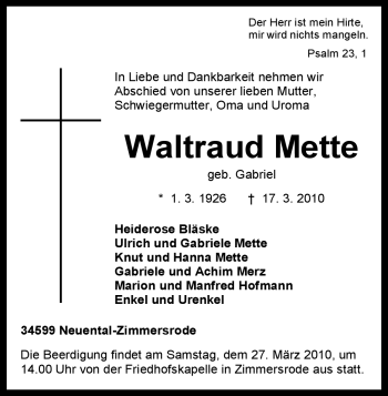 Traueranzeige von Waltraud Mette von HNA