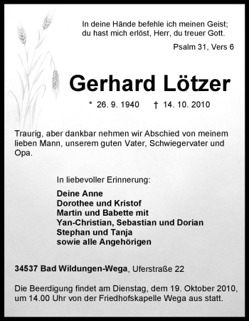 Traueranzeige von Gerhard Lötzer von HNA