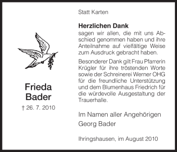 Traueranzeige von Frieda Bader von HNA
