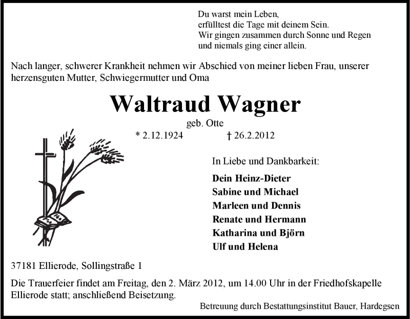  Traueranzeige für Waltraud Wagner vom 28.02.2012 aus HNA