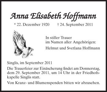 Traueranzeige von Anna Elisabeth Hoffmann von HNA