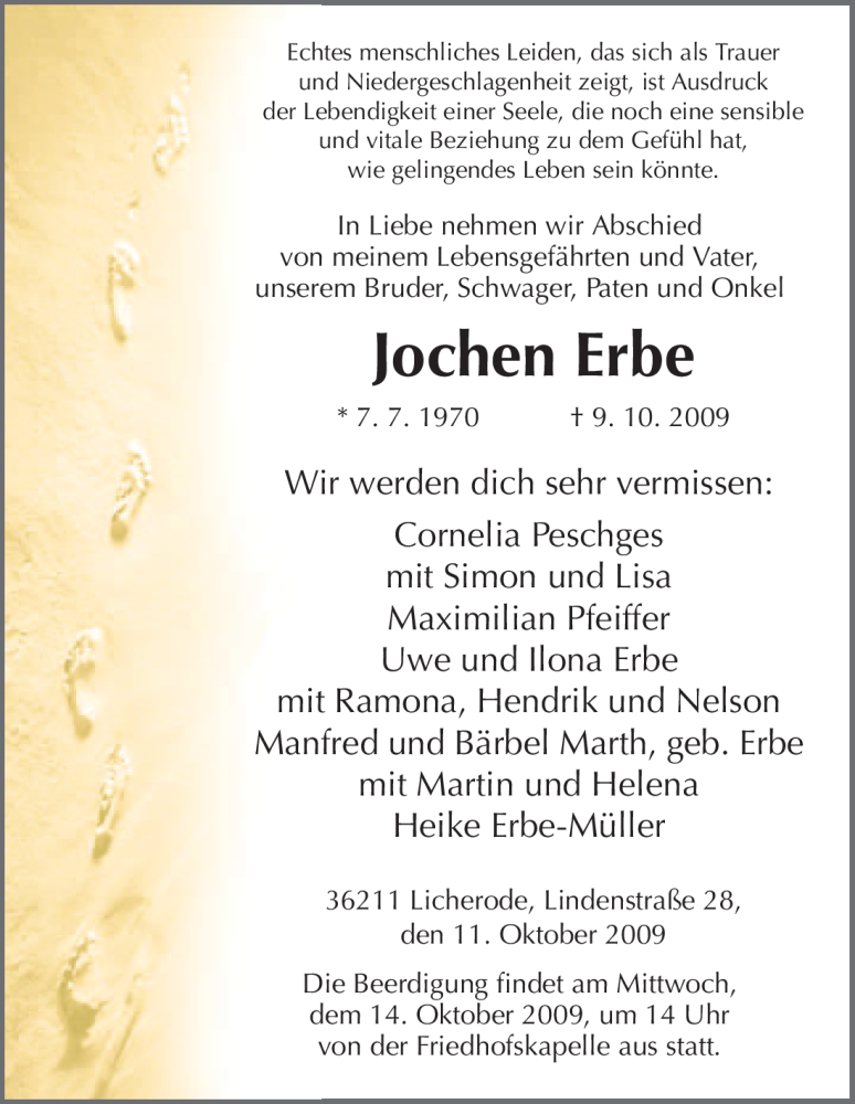  Traueranzeige für Jochen Erbe vom 13.10.2009 aus HNA