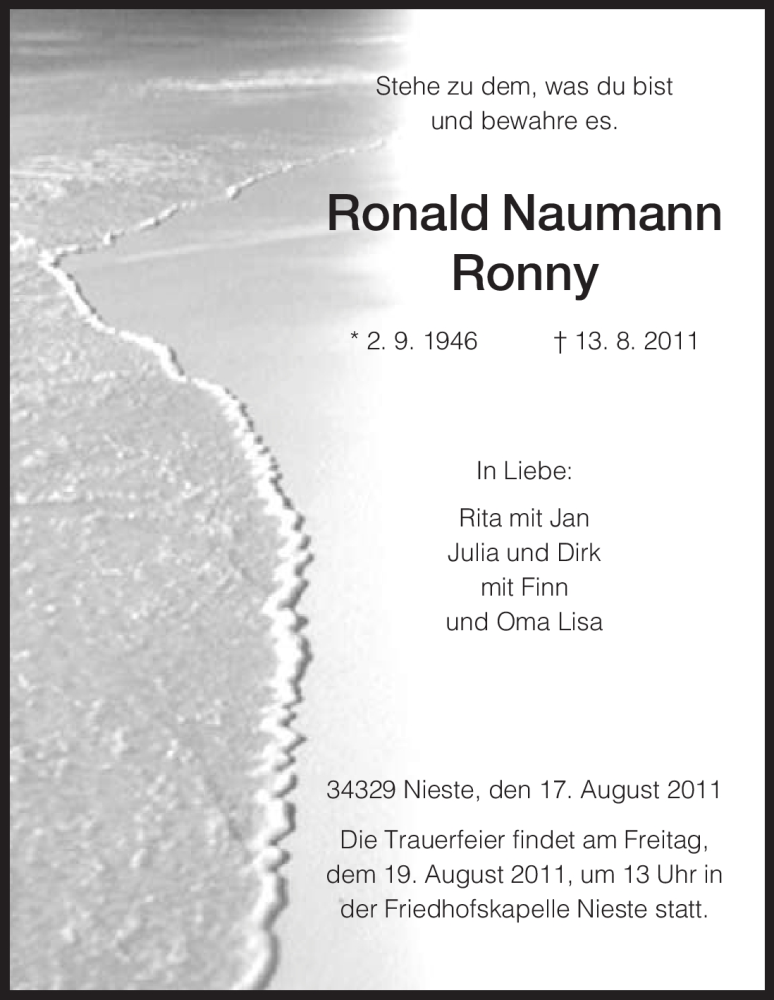  Traueranzeige für Ronald Naumann vom 17.08.2011 aus HNA