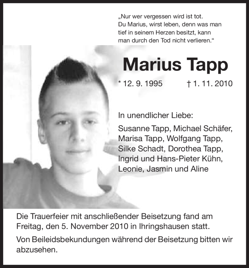  Traueranzeige für Marius Tapp vom 06.11.2010 aus HNA