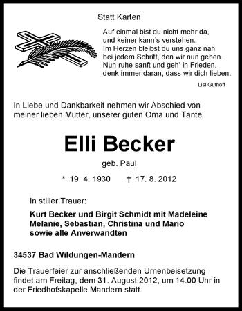 Traueranzeige von Elli Becker von HNA