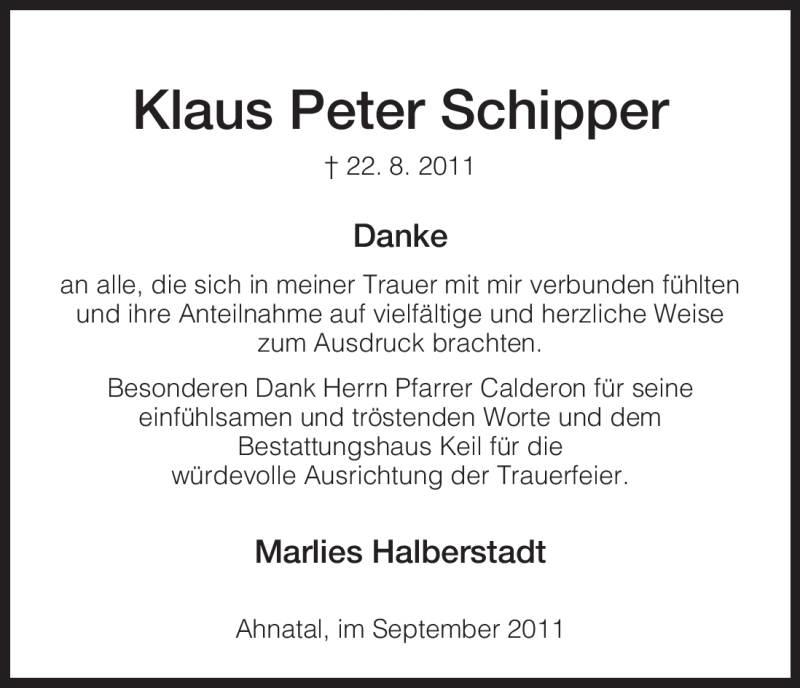  Traueranzeige für Klaus Peter Schipper vom 14.09.2011 aus HNA