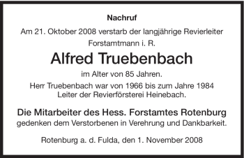 Traueranzeige von Alfred Truebenbach von HNA