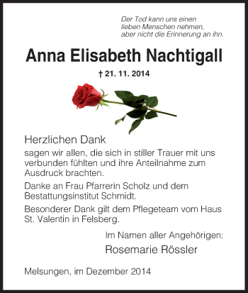 Traueranzeige von Anna Elisabeth Nachtigall von HNA