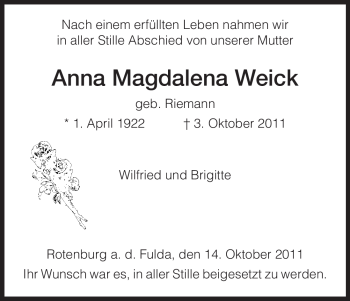 Traueranzeige von Anna Magdalena Weick von HNA