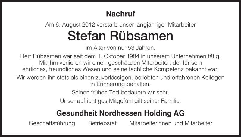  Traueranzeige für Stefan Rübsamen vom 15.08.2012 aus HNA