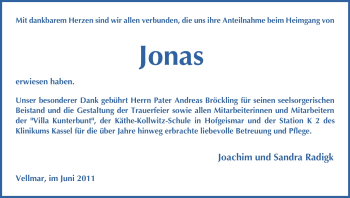 Traueranzeige von Jonas Unbekannt von HNA