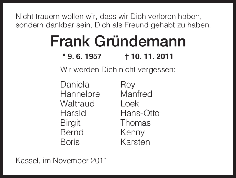  Traueranzeige für Frank Gründemann vom 16.11.2011 aus HNA