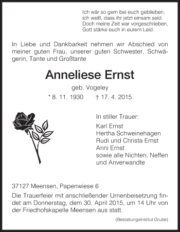 Traueranzeige von Anneliese Ernst von HNA