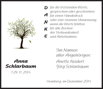 Traueranzeige von Anna Schlarbaum von HNA