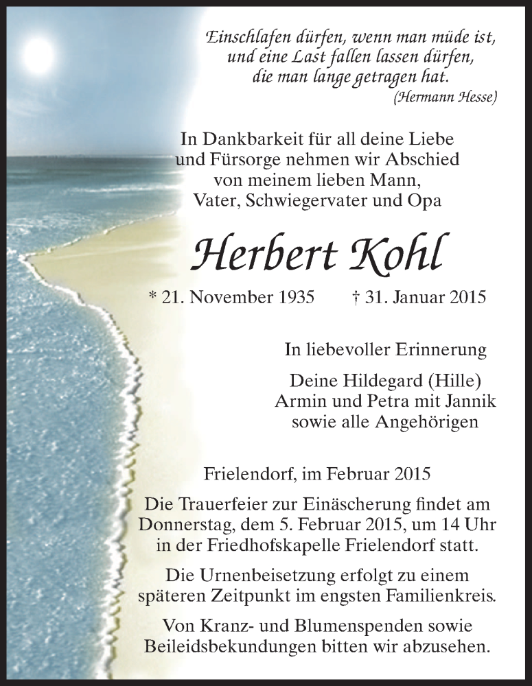  Traueranzeige für Herbert Kohl vom 03.02.2015 aus HNA