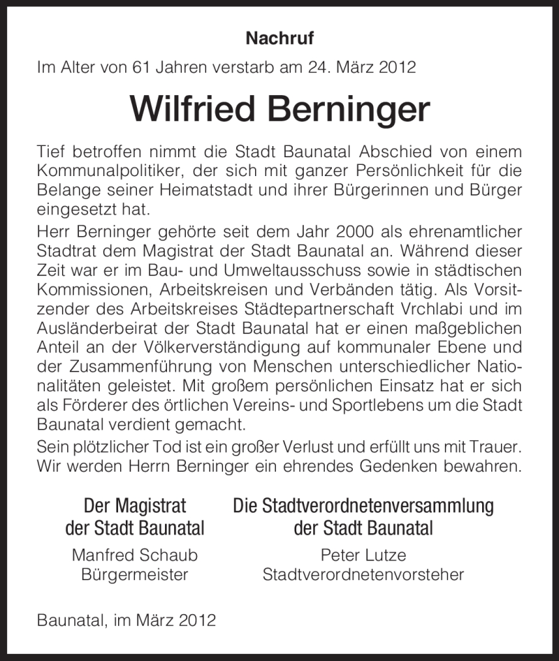  Traueranzeige für Wilfried Berninger vom 28.03.2012 aus HNA
