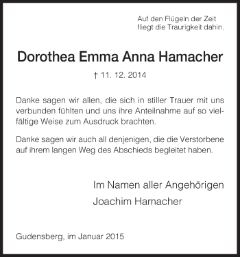 Traueranzeige von Dorothea Emma Anna Hamacher von HNA