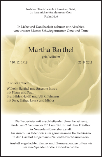 Traueranzeige von Martha Barthel von HNA