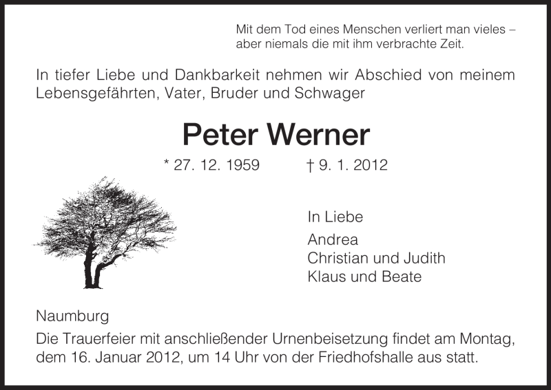  Traueranzeige für Peter Werner vom 11.01.2012 aus HNA