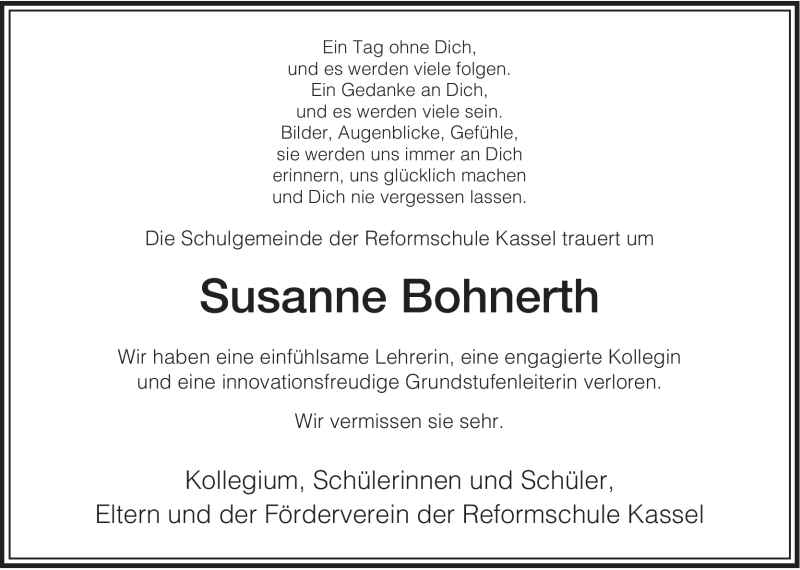  Traueranzeige für Susanne Bohnerth vom 22.10.2008 aus HNA