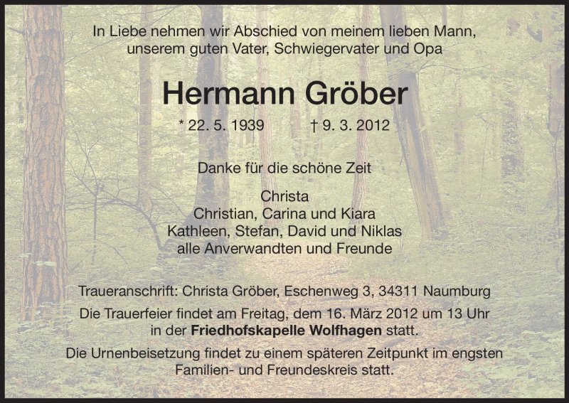  Traueranzeige für Hermann Gröber vom 12.03.2012 aus HNA