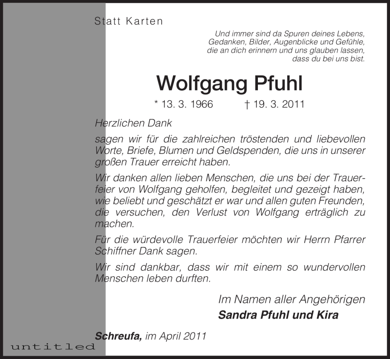  Traueranzeige für Wolfgang Pfuhl vom 29.04.2011 aus HNA