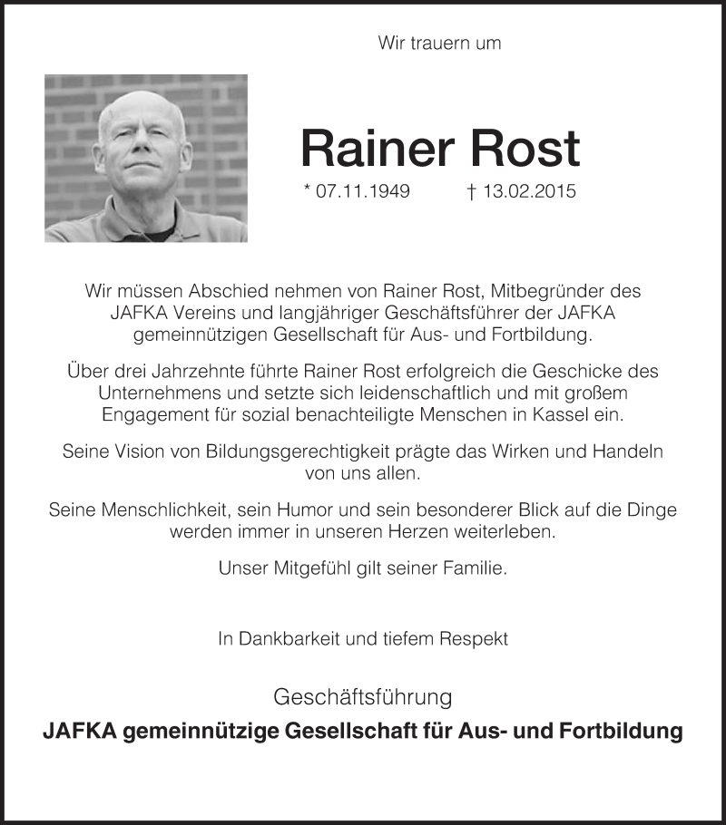  Traueranzeige für Rainer Rost vom 18.02.2015 aus HNA