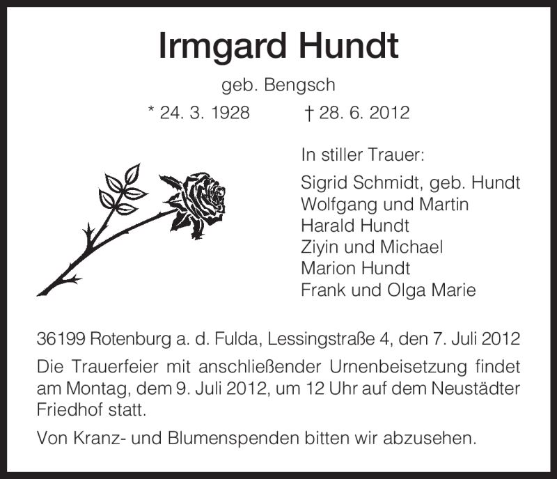  Traueranzeige für Irmgard Hundt vom 07.07.2012 aus HNA